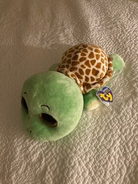 TY Beanie Boo Plush Turtle - Light Green with Brown Giraffe Shell